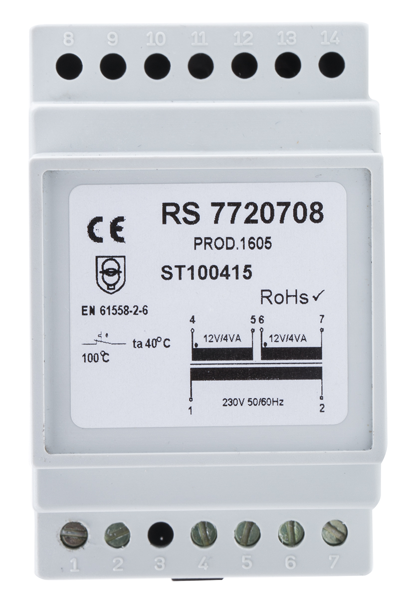RS PRO 72VA DIN Rail Transformer, IEC 61558-2-6, 230V ac Primary, 12V ac Secondary