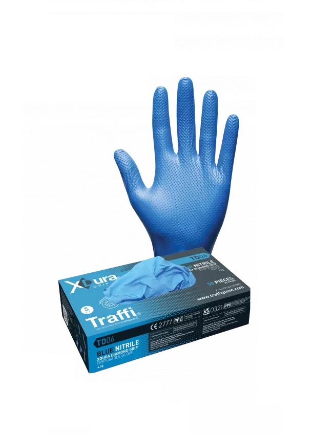 Traffi TD06 Blue Powder-Free Nitrile Disposable Gloves, Size XL, 50Pair per Pack