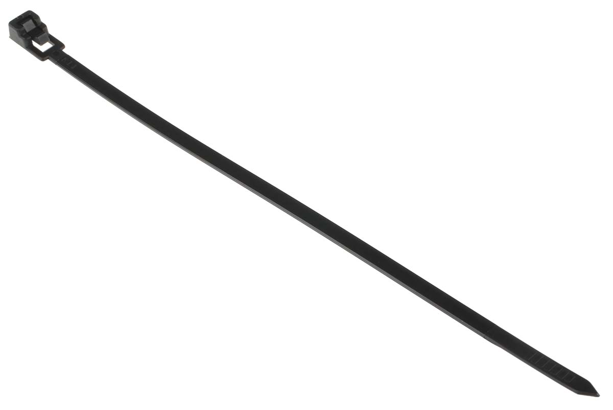 RS PRO Cable Tie, Releasable, 200mm x 4.5 mm, Black Nylon, Pk-100