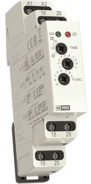 RS PRO DIN Rail Mount Timer Relay, 12 → 240V ac/dc, 2-Contact, 0.1 s → 10min, 2CO