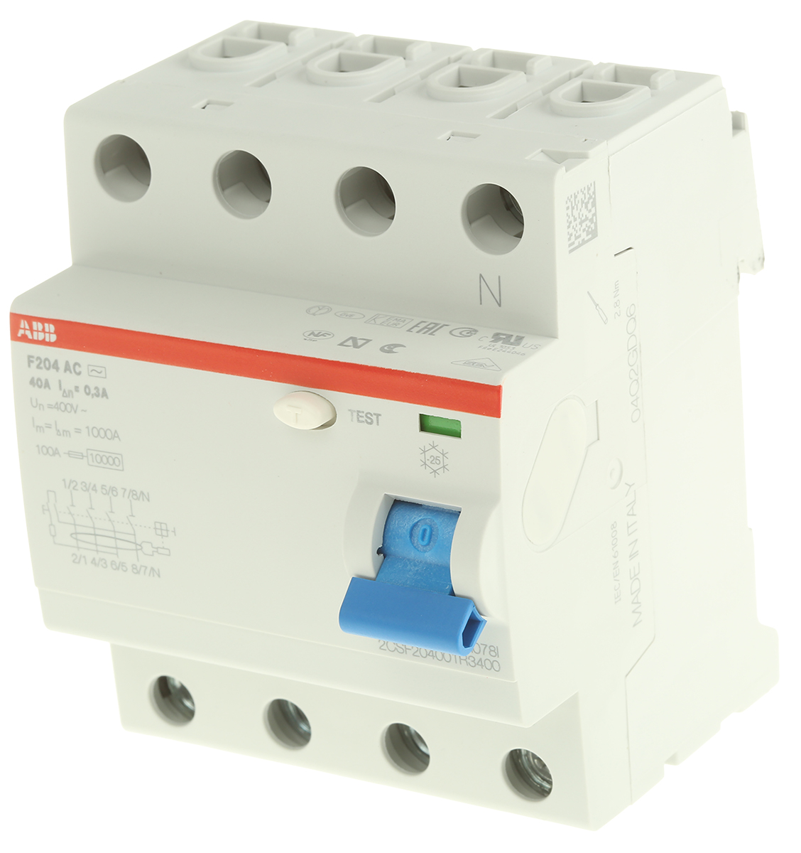 ABB F200 RCCB, 40A, 4 Pole, 300mA, Type AC