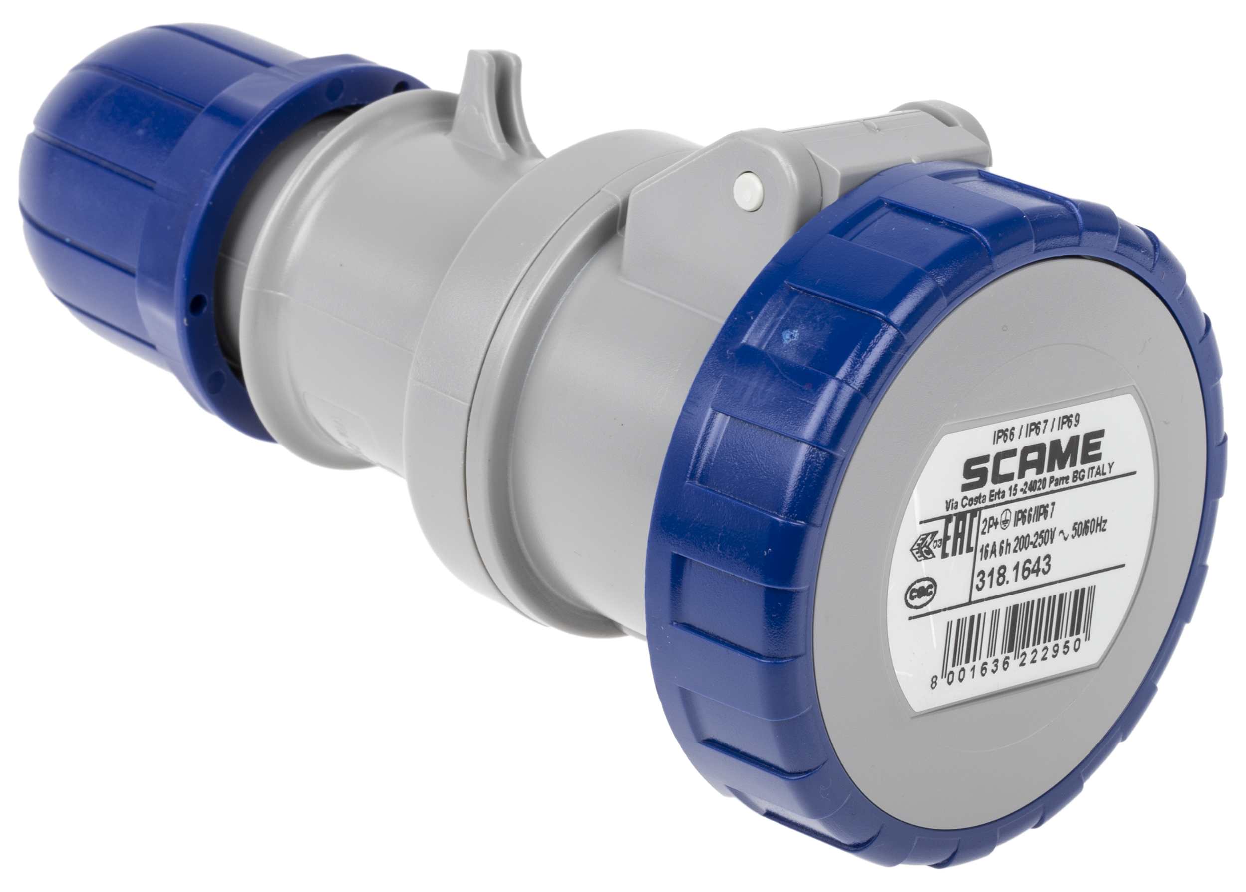 Scame IP66, IP67 Blue Cable Mount 2P + E Industrial Power Socket, Rated At 16A, 230 V