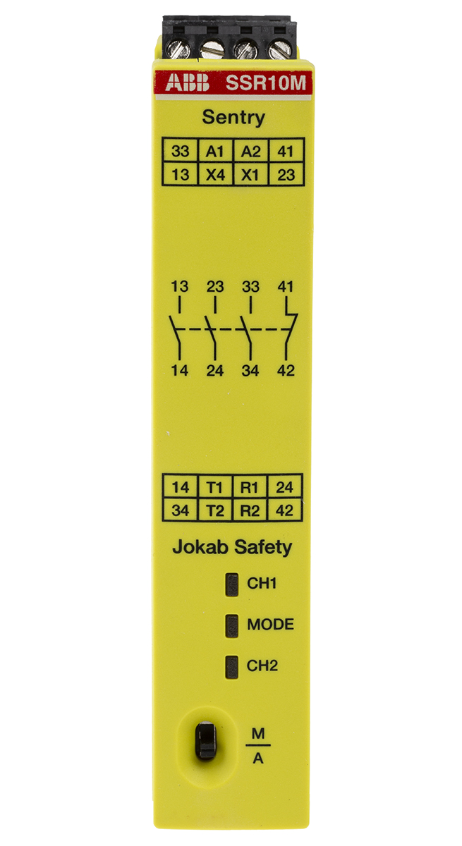 ABB Jokab Sentry SSR10M 3 Auxiliary Contacts Safety Relay 265 V ac, 375V dc, Dual-Channel 4 Safety Contacts