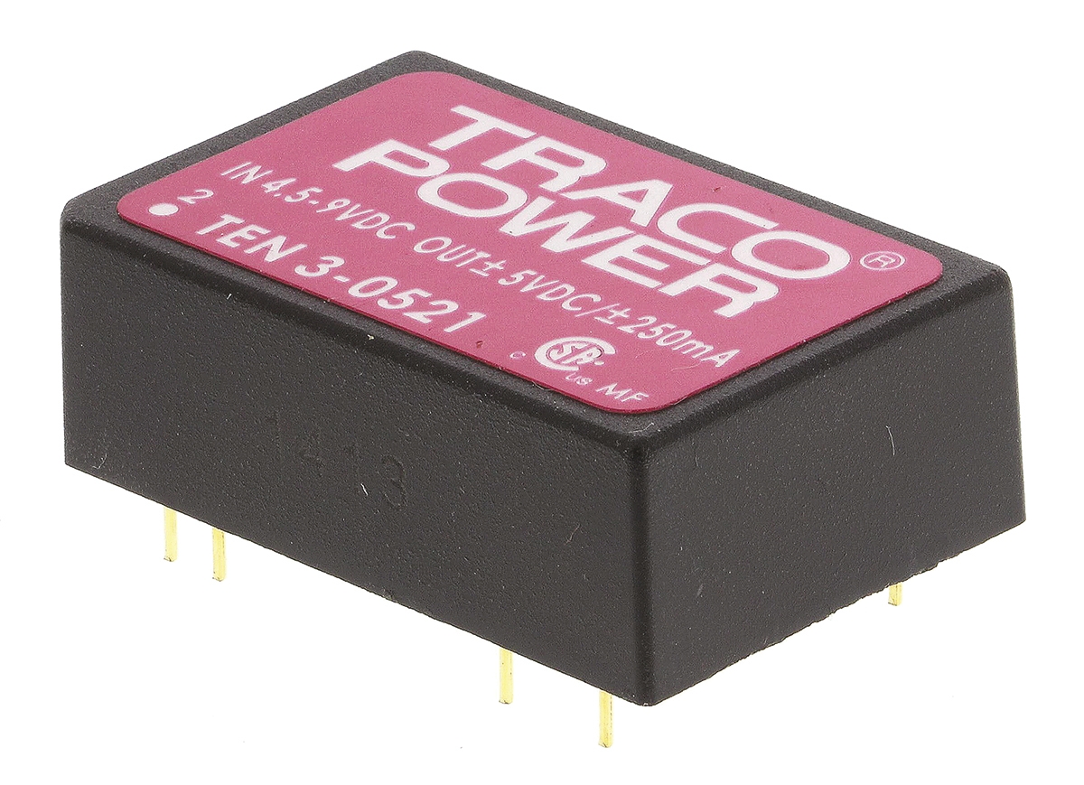 TRACOPOWER TEN 3 DC-DC Converter, ±5V dc/ ±250mA Output, 4.5 → 9 V dc Input, 3W, Through Hole, +85°C Max Temp
