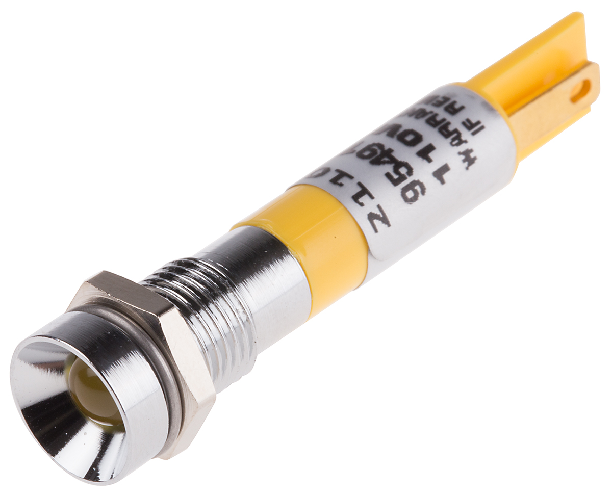 RS PRO Yellow Panel Mount Indicator, 110V ac, 8mm Mounting Hole Size, Solder Tab Termination
