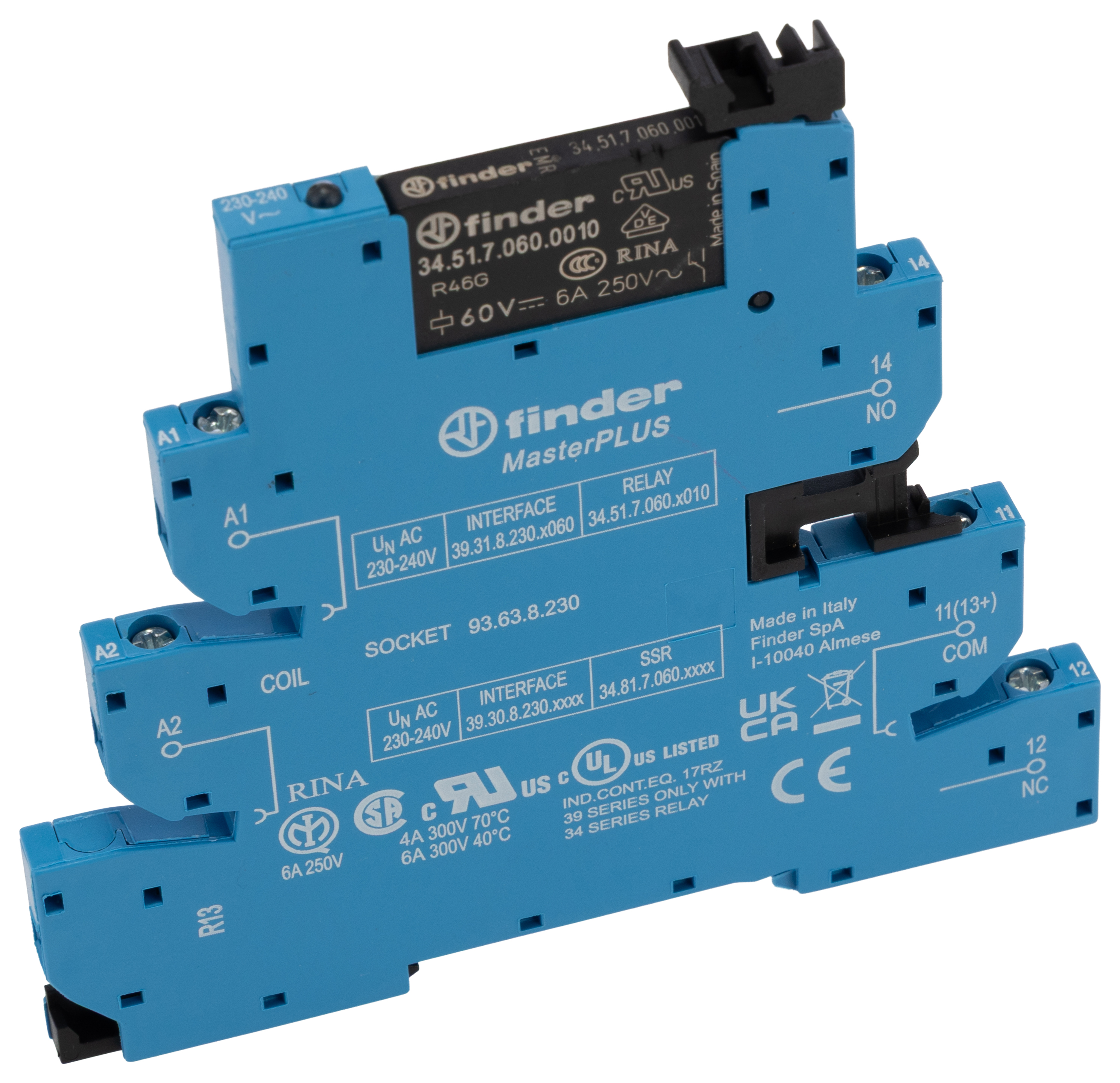 Finder 39 Series Interface Relay Module, DIN Rail Mount, 230V ac Coil, SPDT, 1-Pole, 6/10A Load