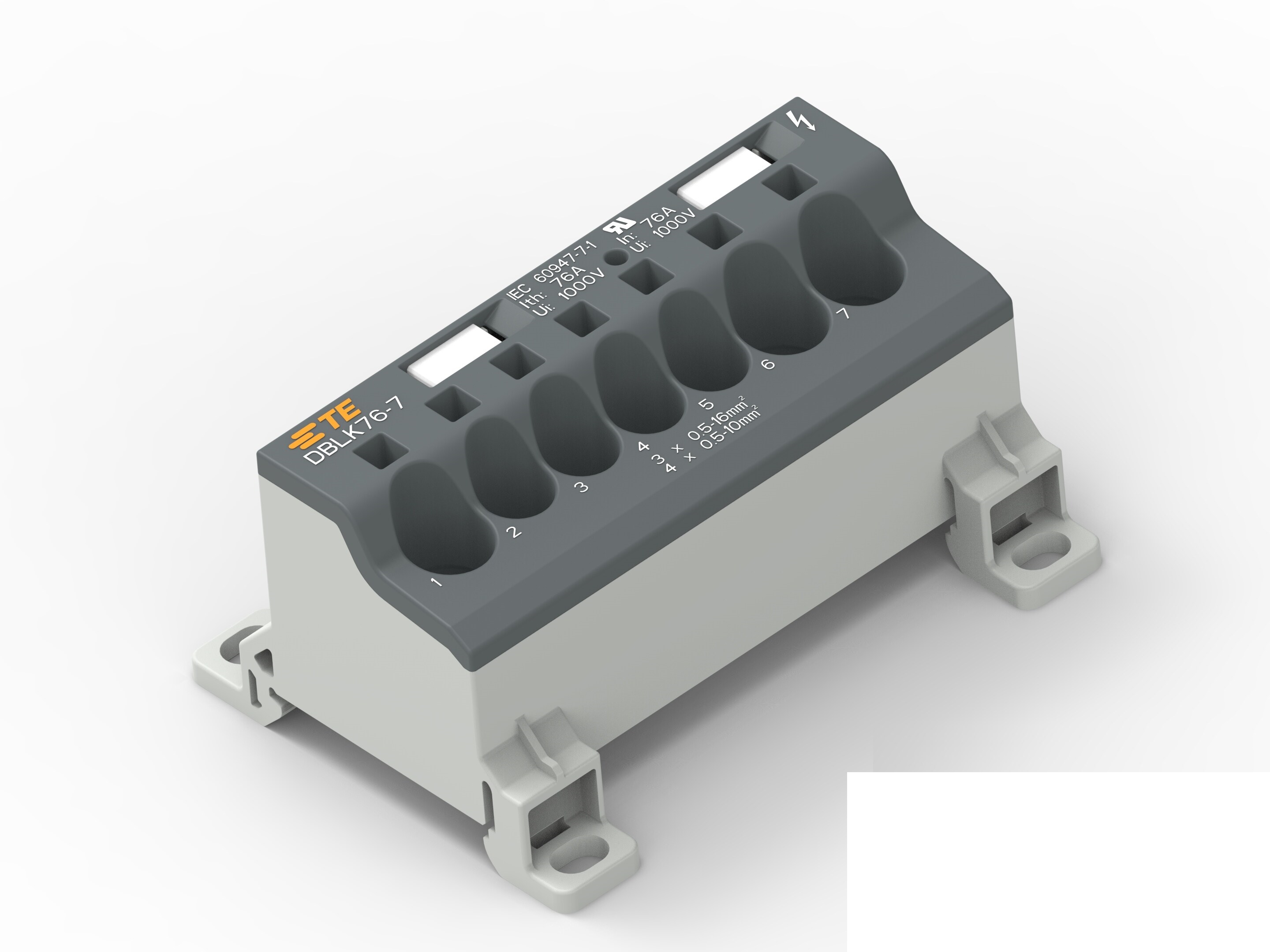 Distribution Block, 7 Way, 1.5 → 25mm², 85A, 1 kV, Black, Grey