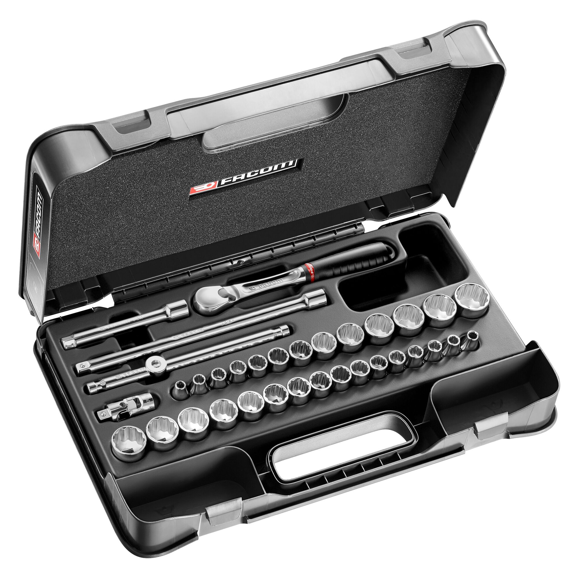 Facom 34-Piece Imperial, Metric 3/8 in Standard Socket Set with Ratchet, 12 point