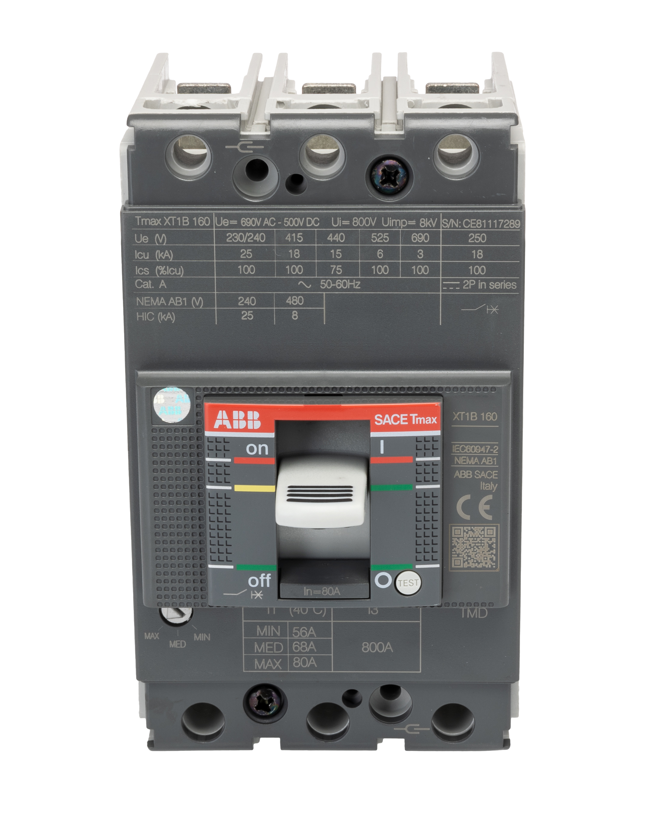 ABB, SACE Tmax XT MCCB Molded Case Circuit Breaker 3P 80A, Breaking Capacity 25 kA, Fixed Mount