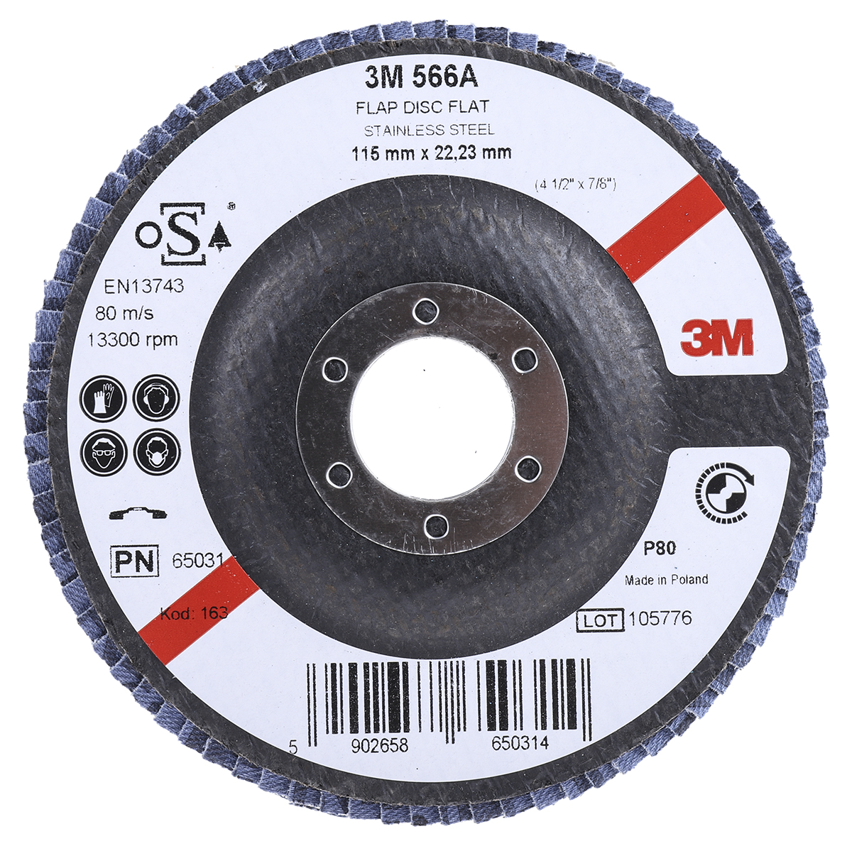 3M 566A Zirconia Aluminium Flap Disc, 115mm, Medium Grade, P80 Grit
