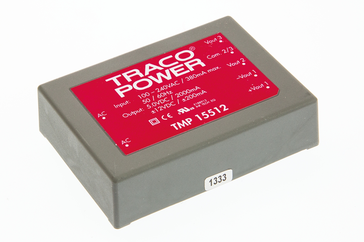 TRACOPOWER Switching Power Supply, TMP 15512, 5 V dc, ±12 V dc, 2 A, 200 mA, 15W, Triple Output, 120 → 370 V dc,