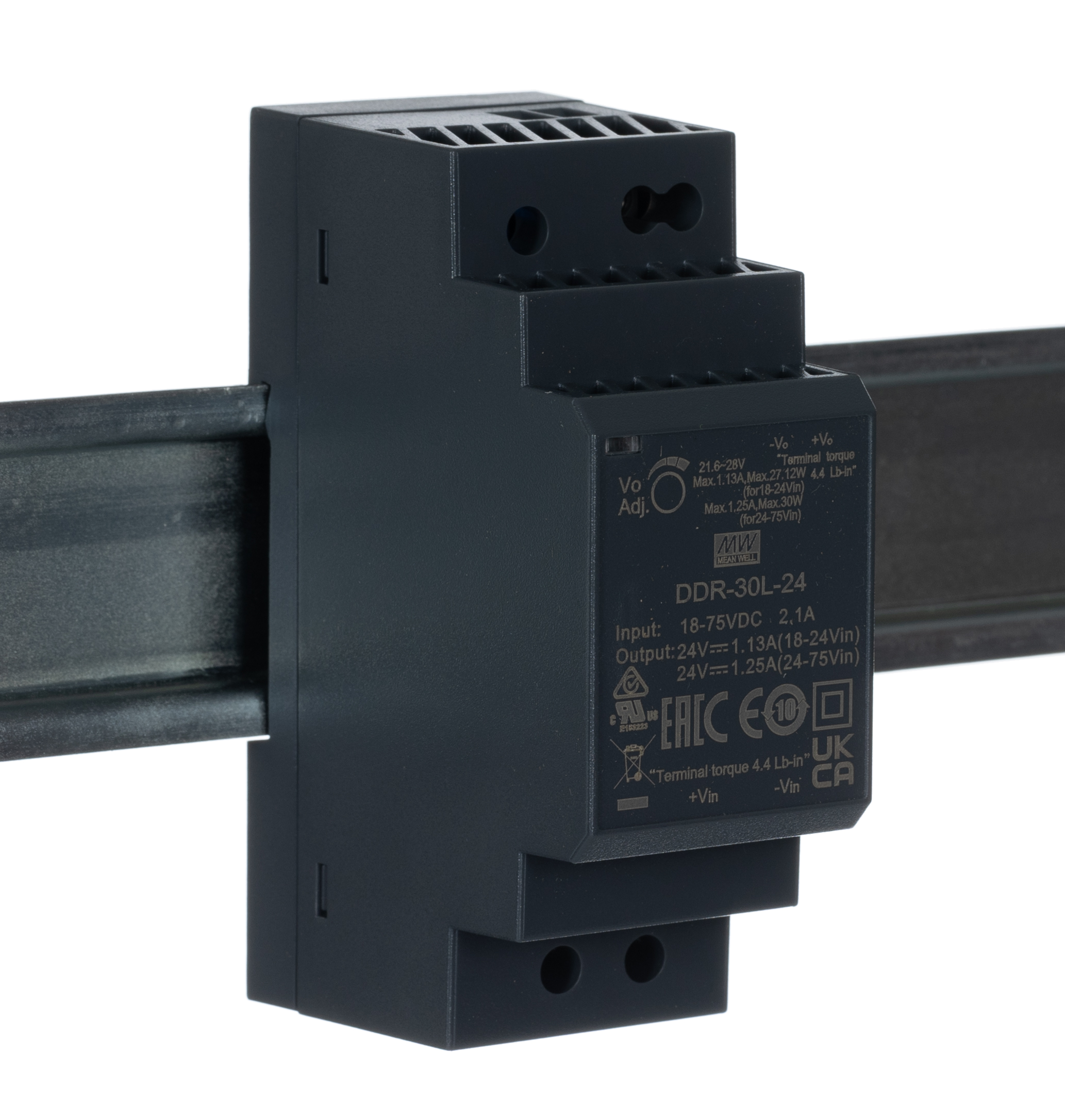 MEAN WELL DDR-30 DC-DC Converter, 24V dc/ 1.25A Output, 30W, DIN Rail Mount, +85°C Max Temp -40°C Min Temp