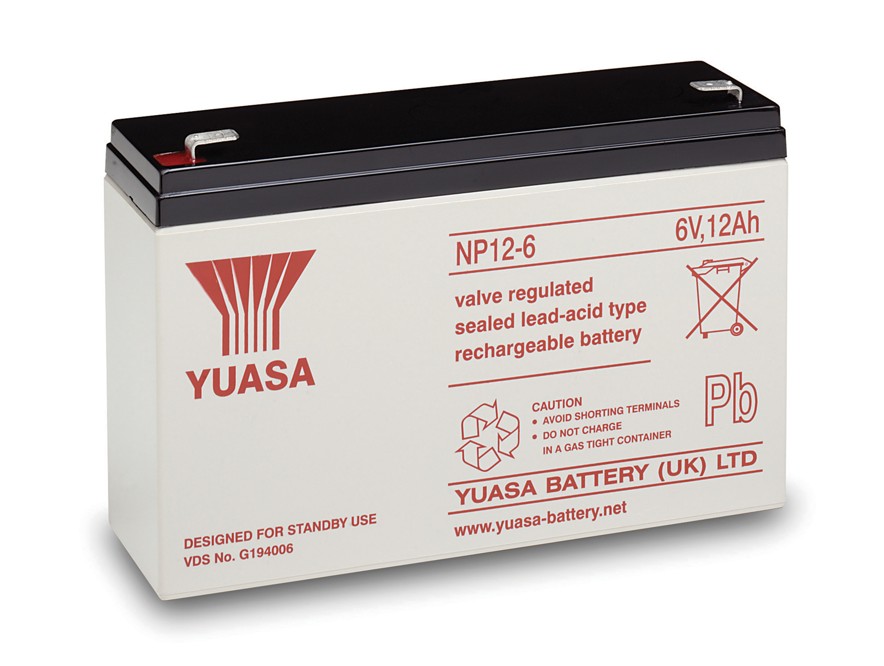 Yuasa 6V Faston 6.35mm Sealed Lead Acid Battery, 12Ah