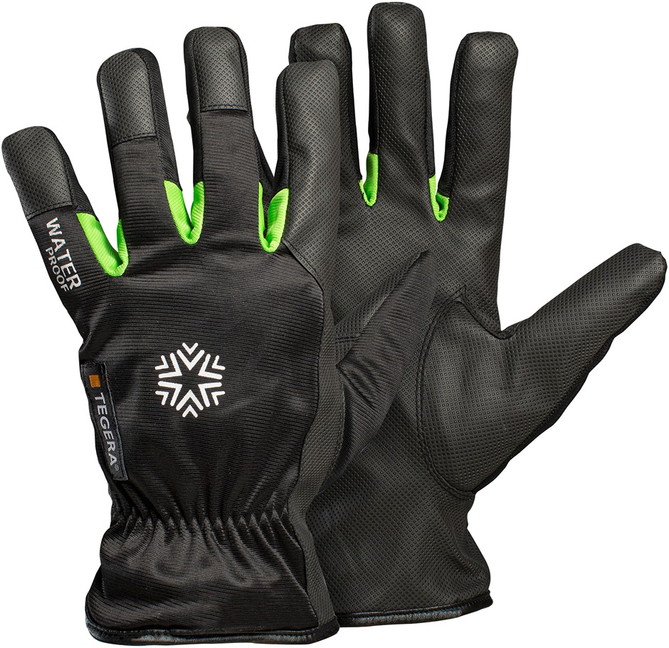 Tegera Black, Green Fleece Synthetic Leather Work Gloves, Size 10