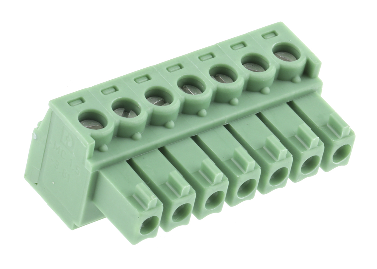 Phoenix Contact, 3.81mm Pitch, MCV 1.5/7-G-3.81, 7 Way, , Pluggable Terminal Block, Plug, Cable Mount, Screw