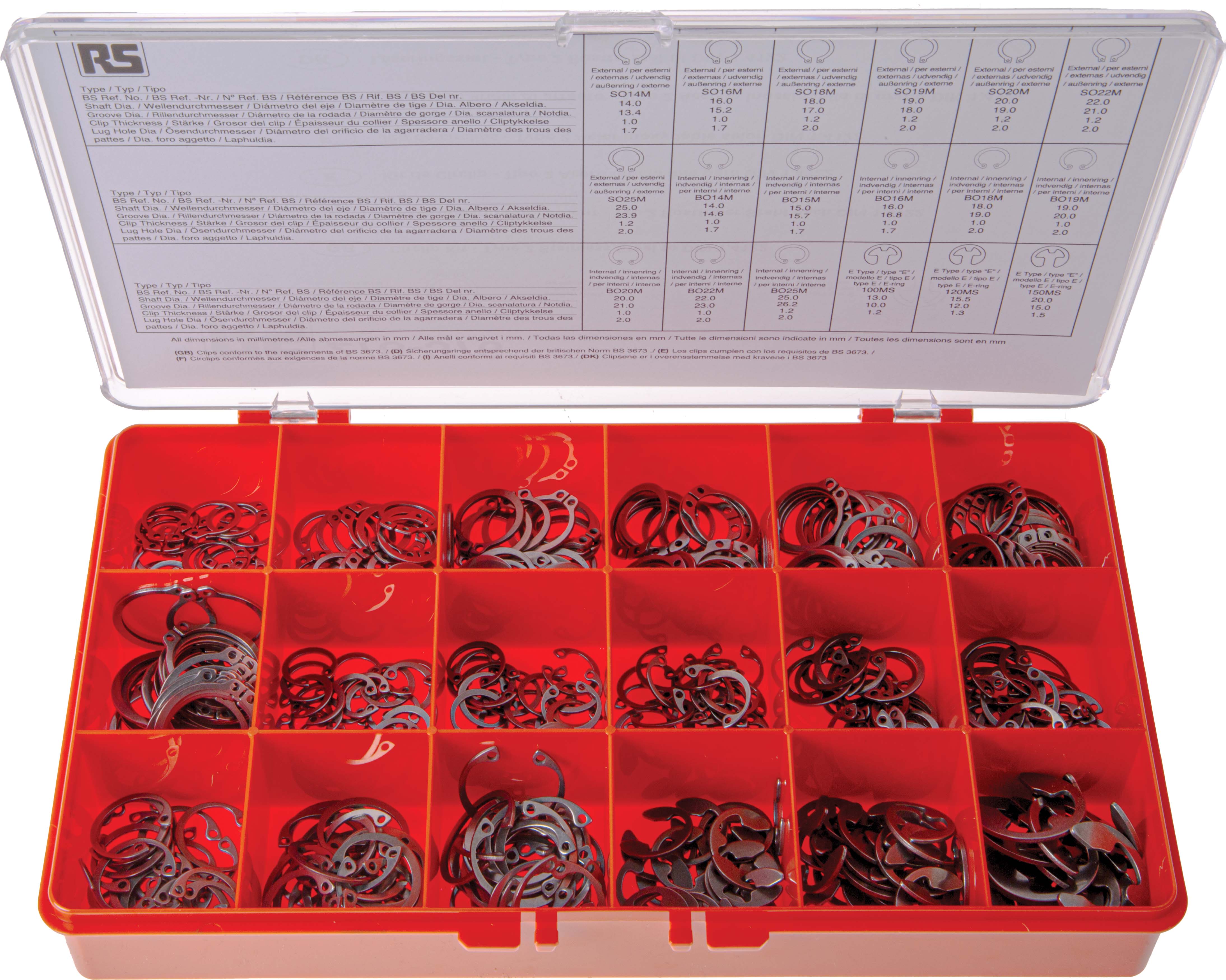 450 piece E Type, External, Internal Stainless Steel Circlip Kit for 13 → 20 mm, 14 → 25 mm Shaft