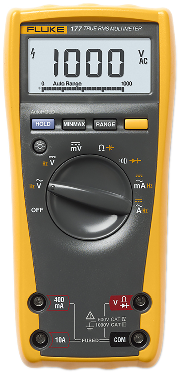 Fluke 177 Handheld Digital Multimeter, True RMS, 10A ac Max, 10A dc Max, 1000V ac Max - UKAS Calibrated