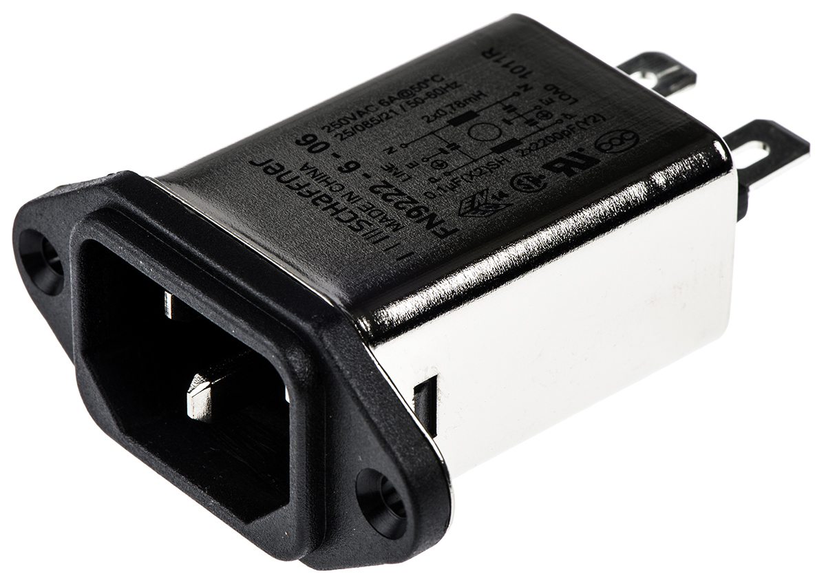 Schaffner 6A, 250 V ac Male Panel Mount IEC Filter FN9222-6-06, Faston None Fuse