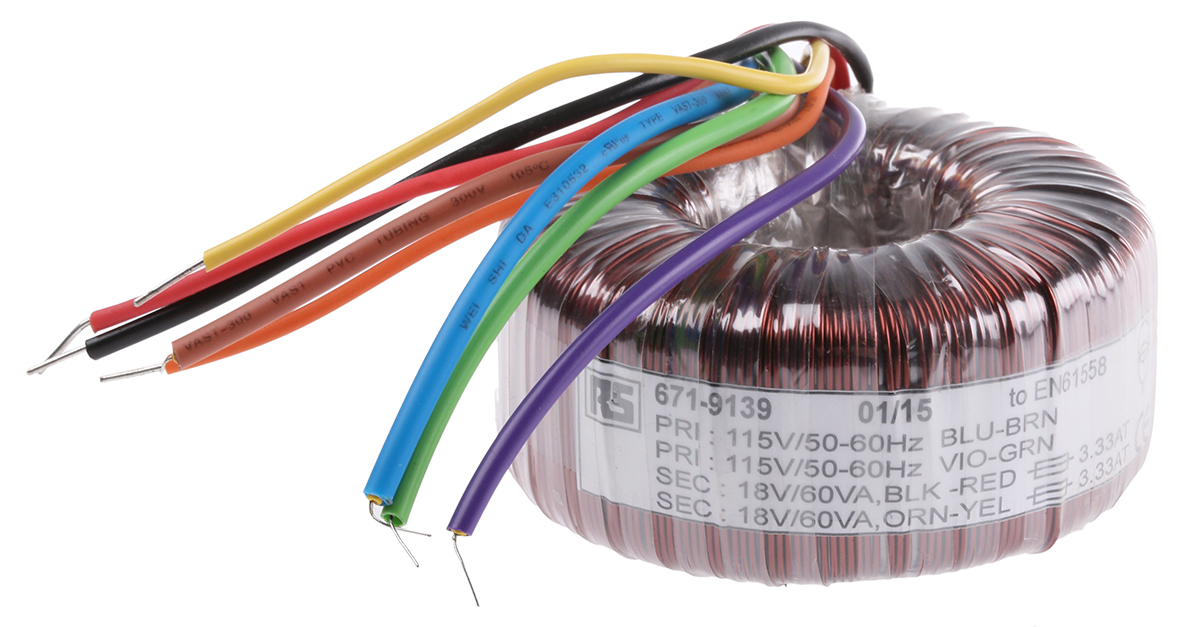 RS PRO 115 V ac, 230 V ac, 2 x 18V ac Toroidal Transformer, 120VA 2 Output