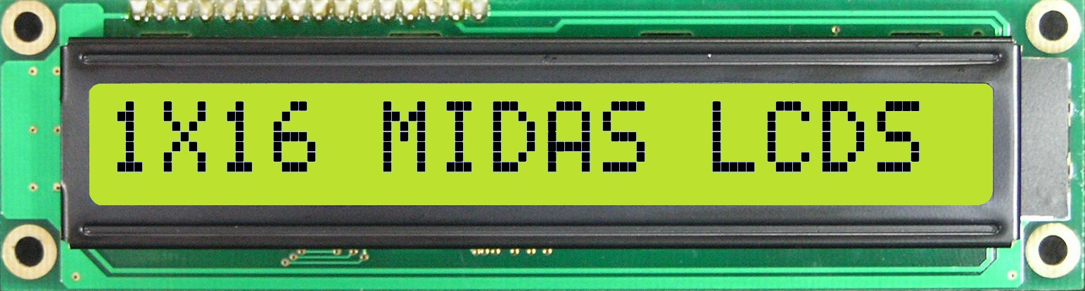 Midas MC11609A6W-SPTLY-V2 Alphanumeric LCD Display, Black on Yellow/Green, 1 Row by 16 Characters, Transflective