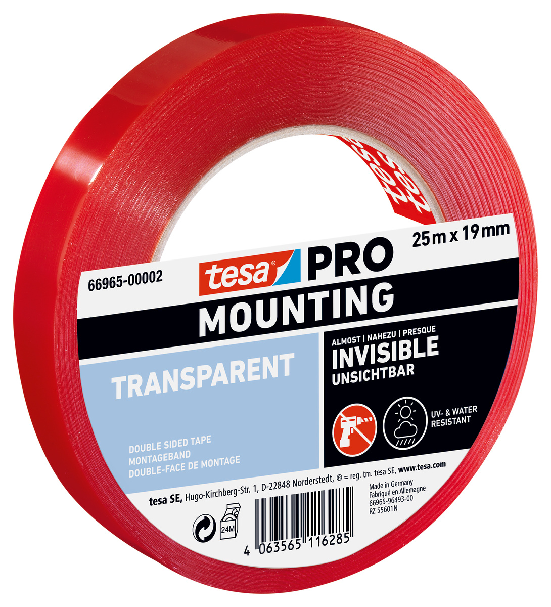 Tesa 66965 Transparent Double Sided Tape, 0mm Thick, PET Film Backing, 19mm x 5m