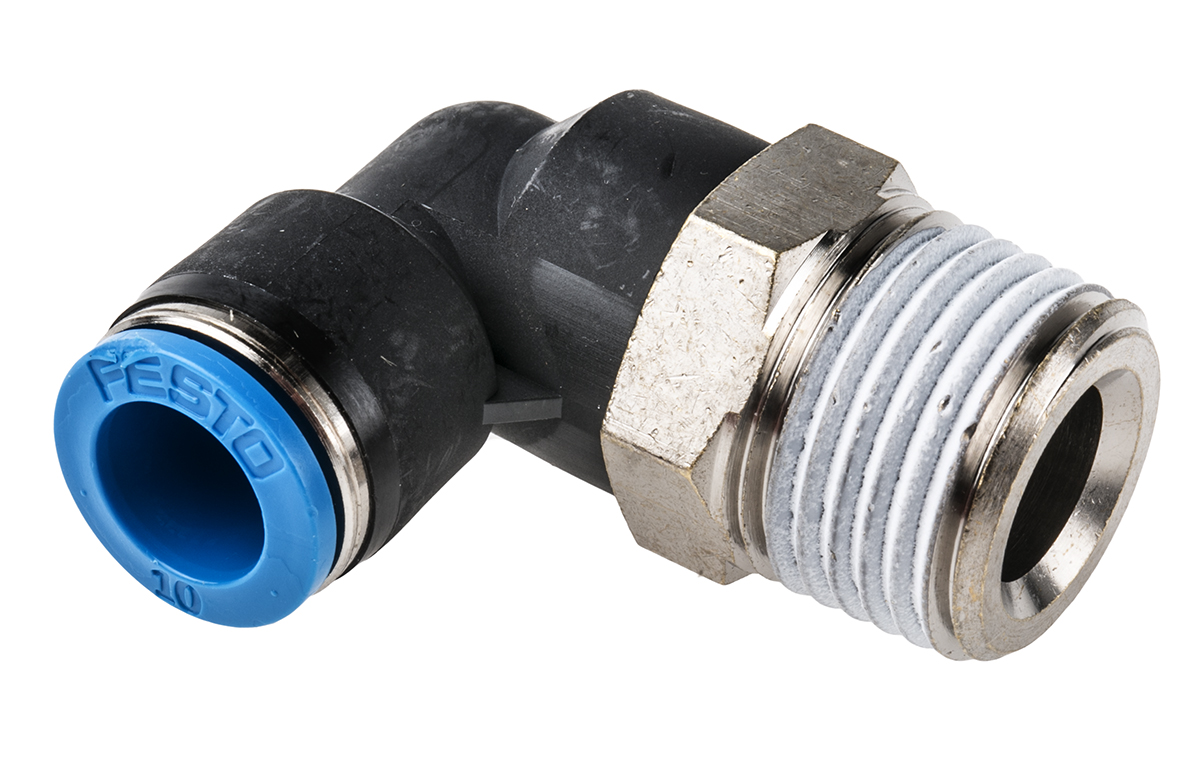 Festo QS Series Elbow Threaded Adaptor, R 1/2 Male to Push In 10 mm, Threaded-to-Tube Connection Style, 190661