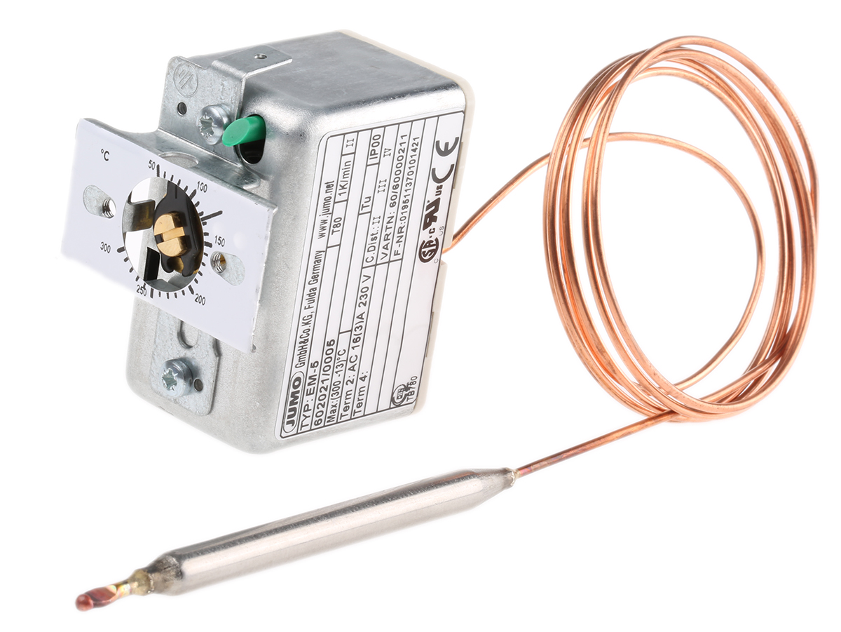 Jumo Capillary Thermostat, +300°C Max, SPST, Automatic Reset, Panel Mount