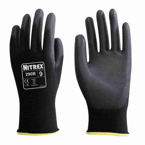 Unigloves 290B Black Polyester (Liner) Work Gloves, Size 8, Polyurethane Coating