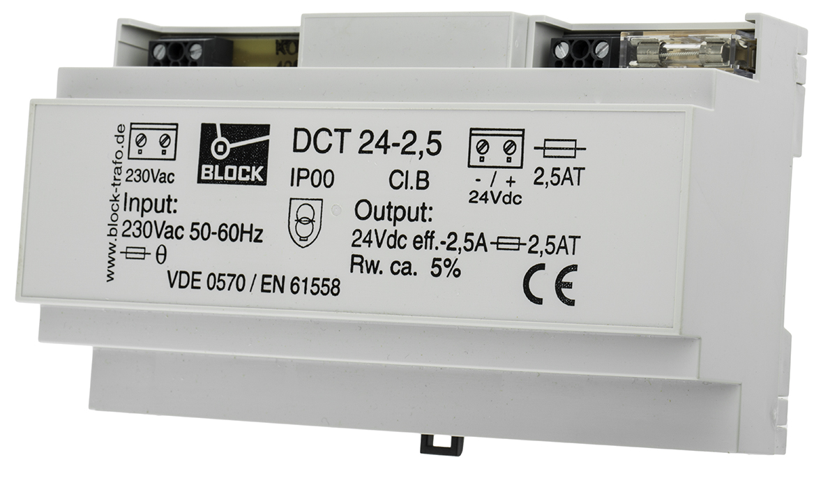 Block DCT Linear DIN Rail Power Supply, 230V ac ac Input, 24V dc dc Output, 2.5A Output, 60W