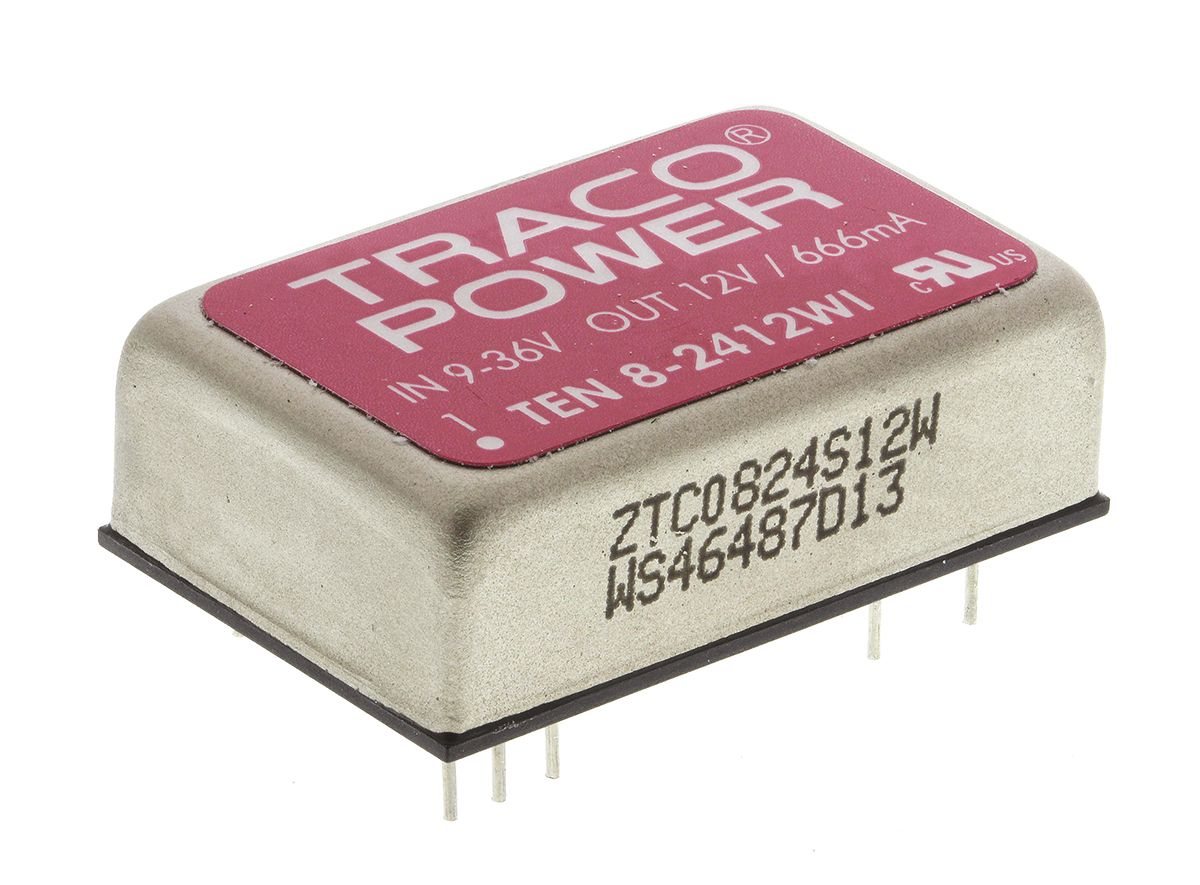 TRACOPOWER TEN 8WI DC-DC Converter, 12V dc/ 666mA Output, 9 → 36 V dc Input, 8W, Through Hole, +85°C Max Temp