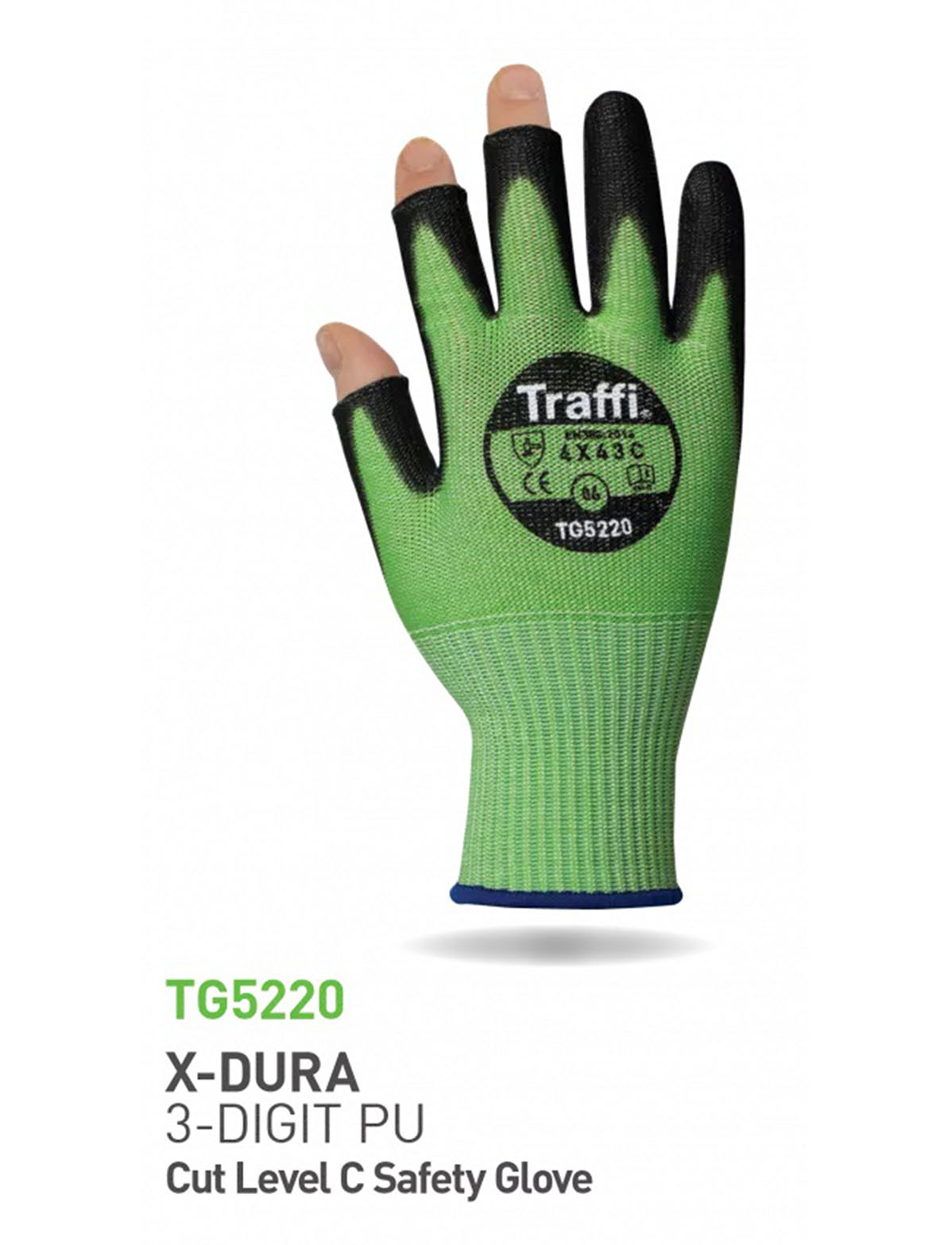 Traffi TG5220 Black, Green Elastane, Fibreglass, High Performance Polyethylene, Polyamide General Handling Gloves, Size