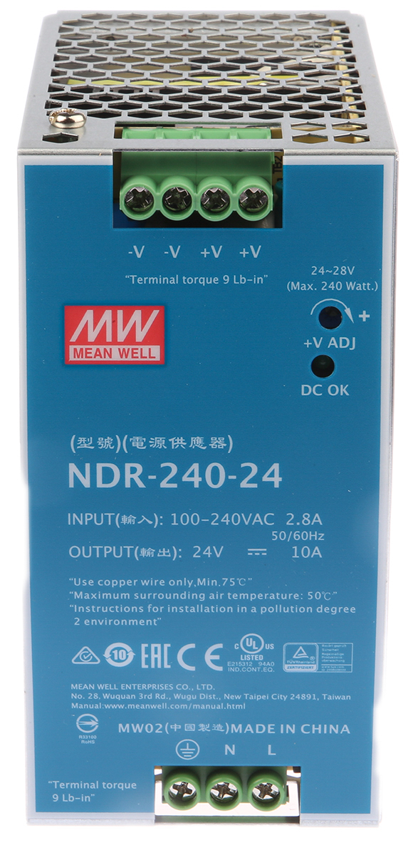 MEAN WELL NDR Switched Mode DIN Rail Power Supply, 90 → 264V ac ac Input, 24V dc dc Output, 10A Output, 240W