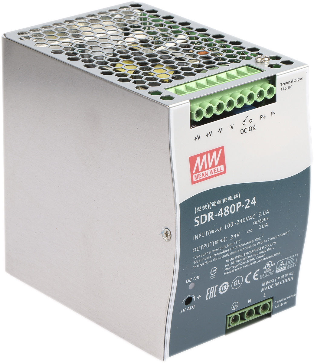 MEAN WELL SDR Switched Mode DIN Rail Power Supply, 88 → 264V ac ac Input, 24V dc dc Output, 20A Output, 480W