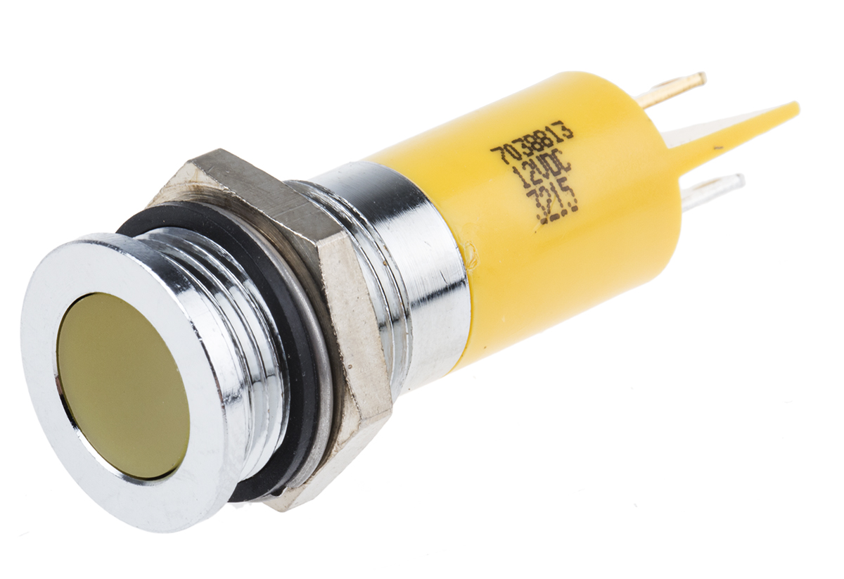 RS PRO Yellow Panel Mount Indicator, 12V dc, 14mm Mounting Hole Size, Solder Tab Termination, IP67