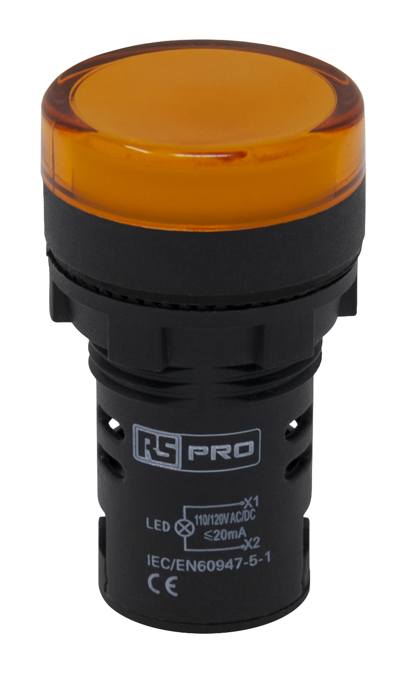 RS PRO, Panel Mount Yellow LED Pilot Light, 22mm Cutout, IP65, Round, 110V ac