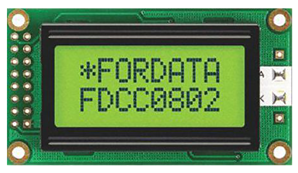 Fordata FC0802B00-FHYYBW-51SE FC Alphanumeric LCD Alphanumeric Display, Green, Yellow on Yellow-Green, 2 Rows by 8