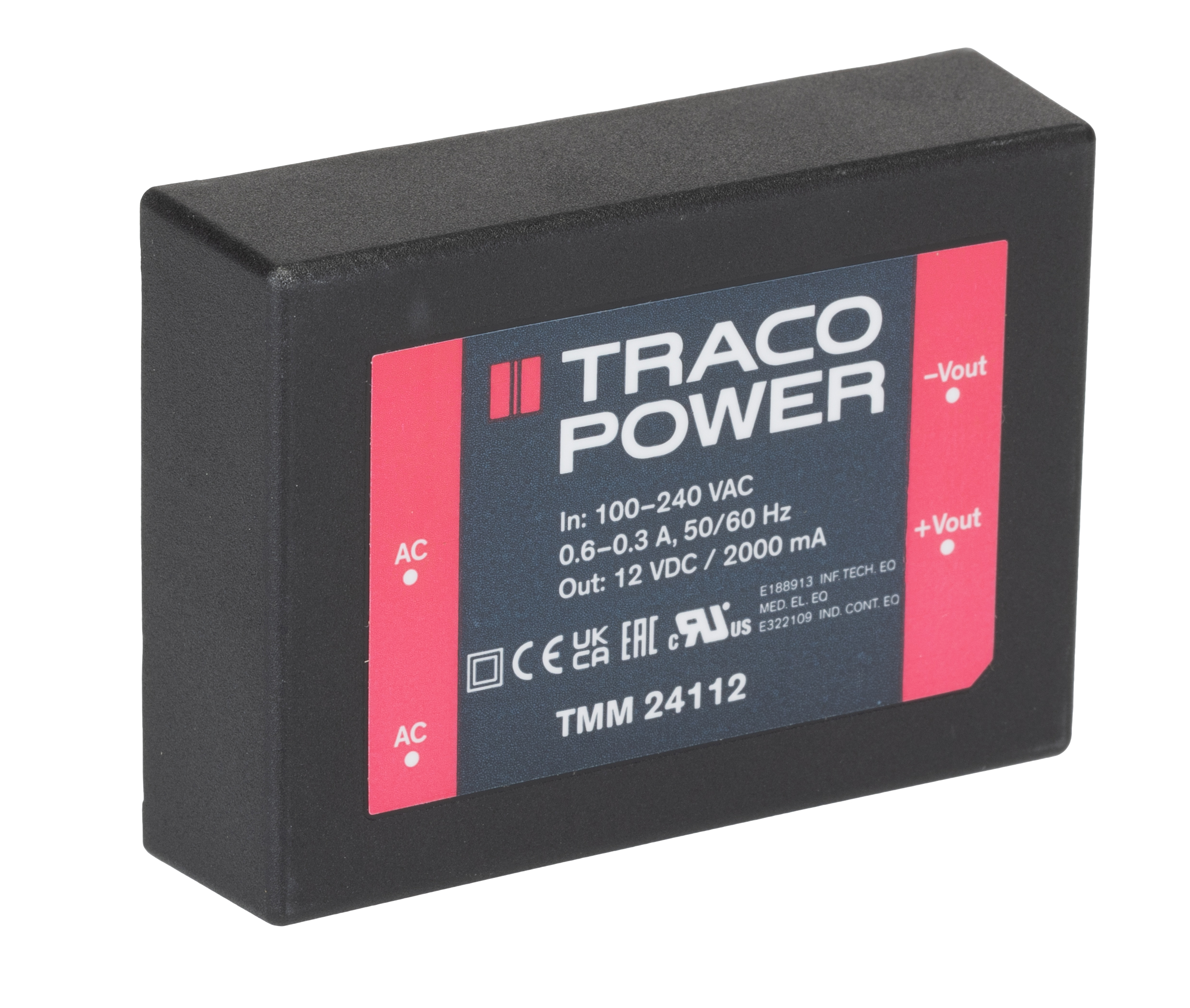 TRACOPOWER Switching Power Supply, TMM 24112, 12V dc, 2A, 24W, 1 Output, 85 → 264V ac Input Voltage