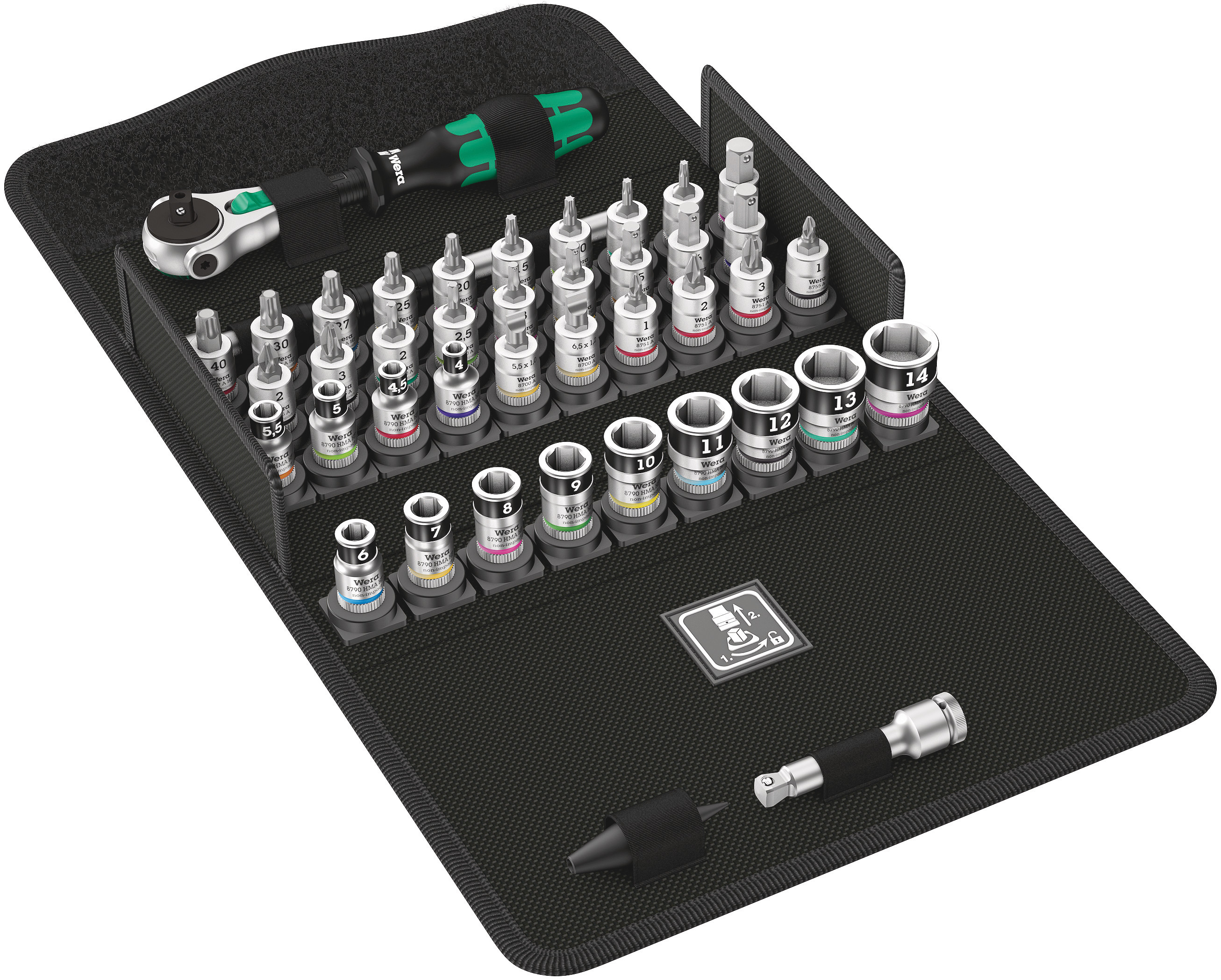 Wera 42-Piece Metric 1/4 in Standard Socket/Bit Set with Ratchet, 6 point; Hex Bit; Phillips Bit; Pozidriv Bit; Slotted