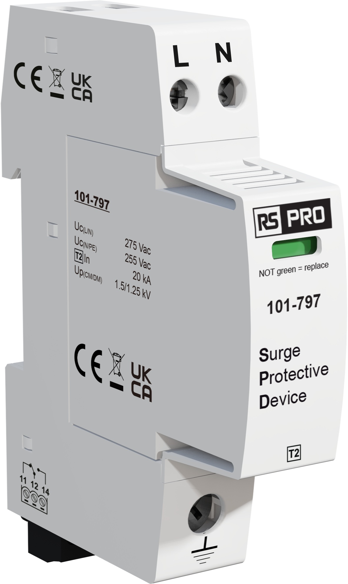 RS PRO Single Phase Industrial Surge Protector, 40kA, 1.25kV, DIN Rail Mount