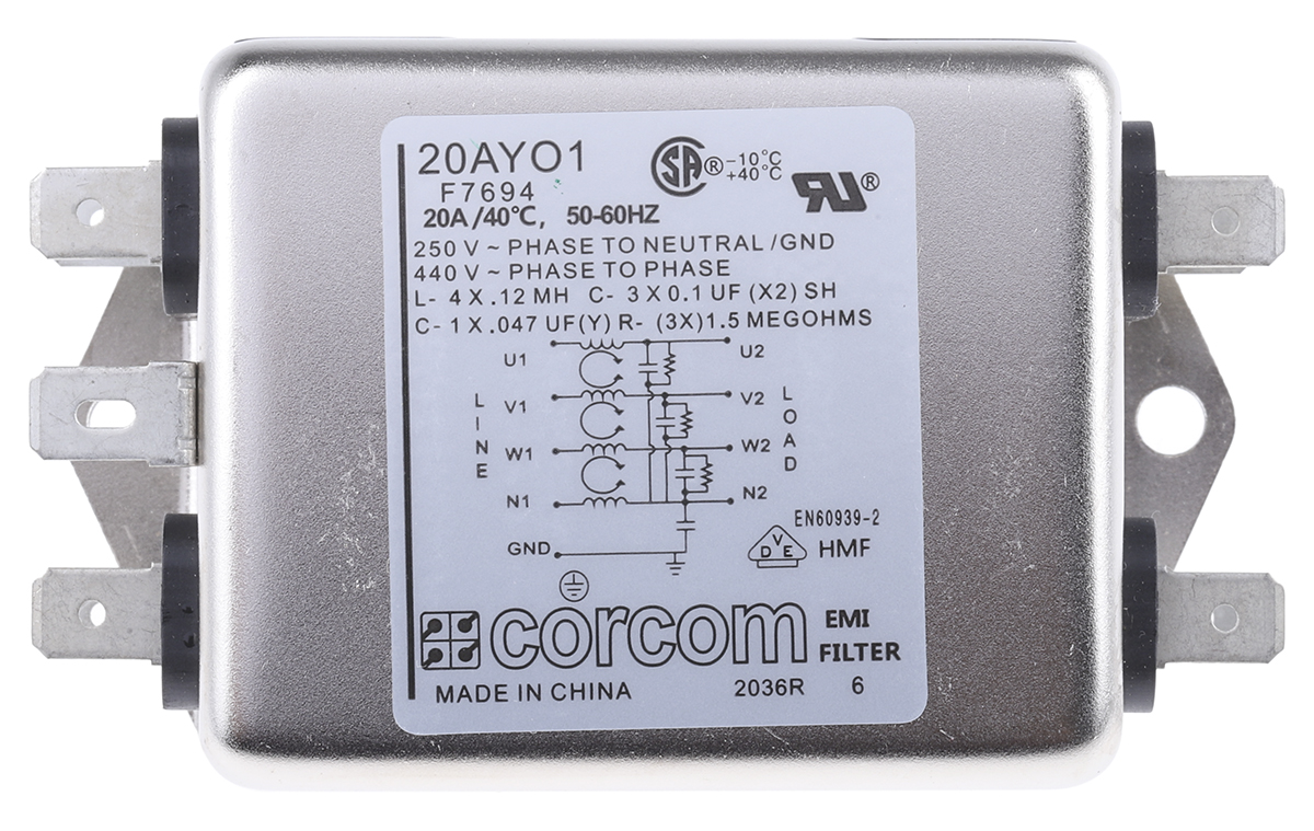 TE Connectivity, Corcom AYO 20A RFI Filter, Spade 3 Phase