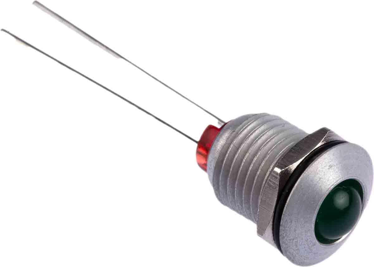 Bulgin Green Panel Mount Indicator, 2.2V dc, 8mm Mounting Hole Size, Lead Wires Termination