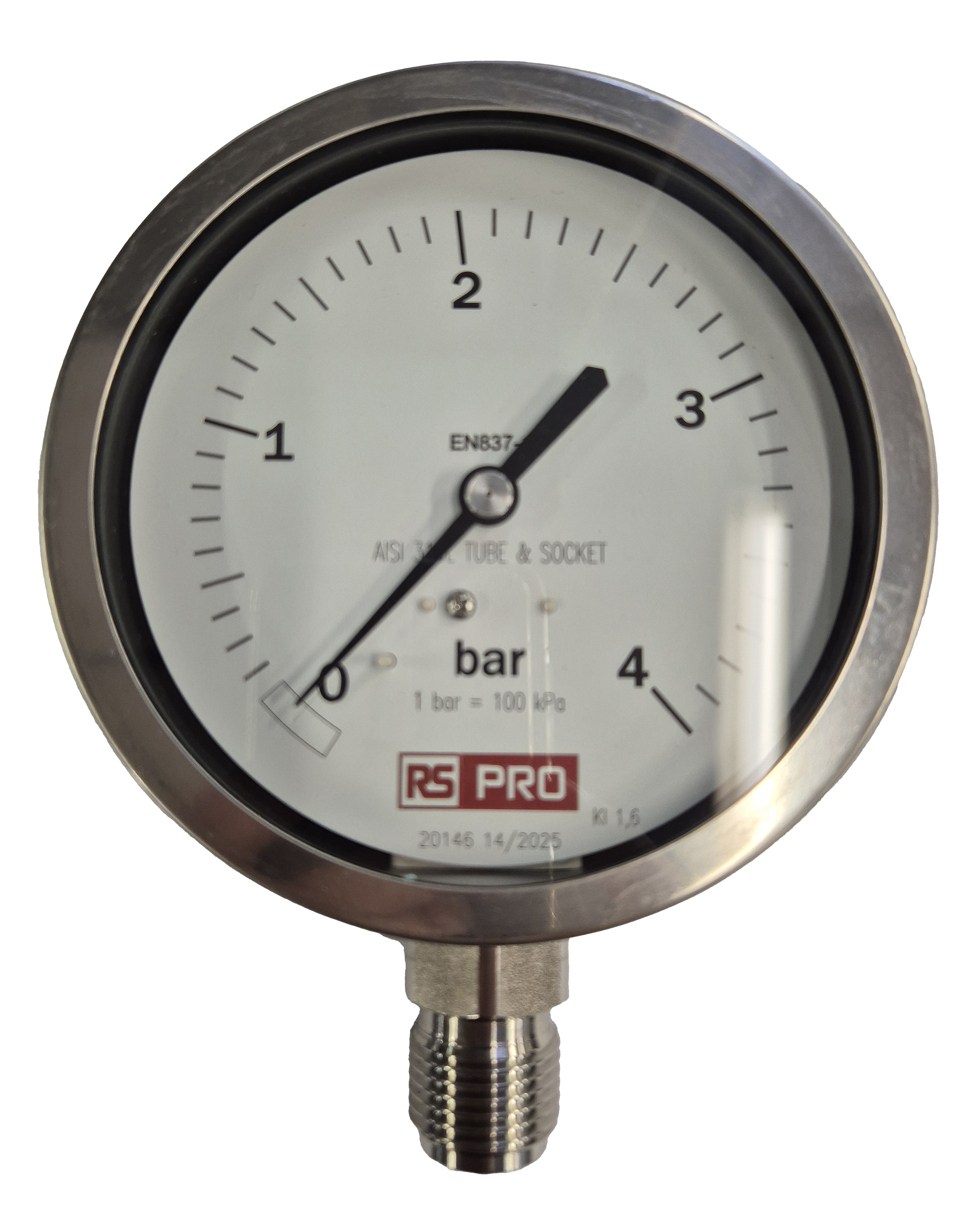 RS PRO BSP 1/2in Analogue Pressure Gauge 4bar Bottom Entry 100mm Outside Diameter