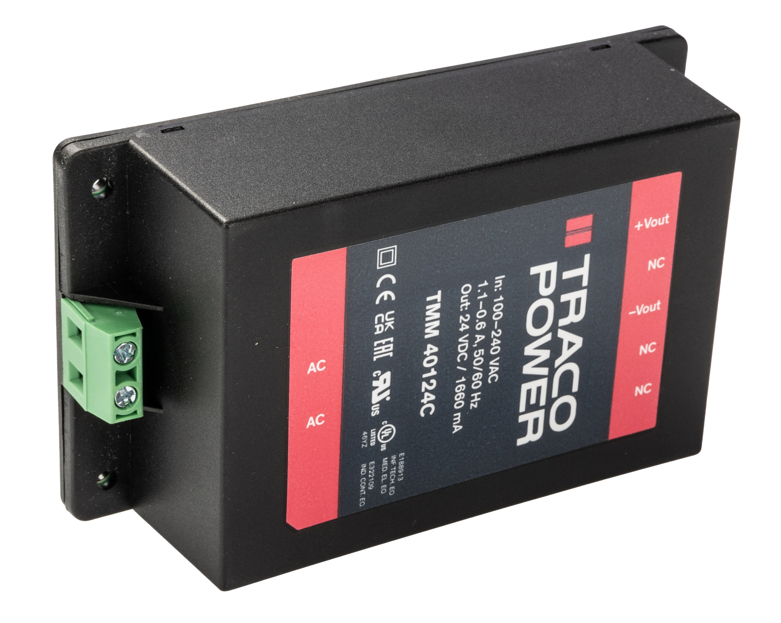 TRACOPOWER Switching Power Supply, TMM 40124C, 24V dc, 1.66A, 40W, 1 Output, 85 → 264V ac Input Voltage
