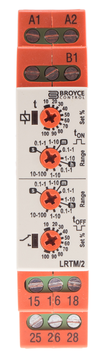 Broyce Control DIN Rail Mount Timer Relay, 12 → 230V ac/dc, 2-Contact, 0.1 s → 100h, 2-Function, DPDT