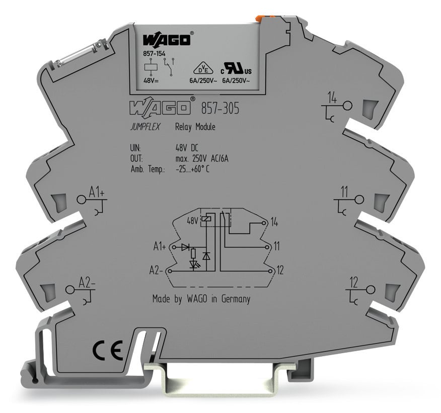 WAGO 857 Series Relay Module, DIN Rail Mount, 48V dc Coil, SPDT, 1-Pole, 6A Load