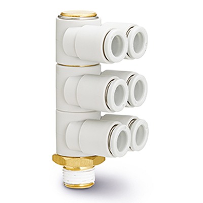 SMC KQ2 Series Triple Branch Universal Male Elbow, 8 mm to R 3/8 Male, Threaded-to-Tube Connection Style, KQ2ZT08-03AS