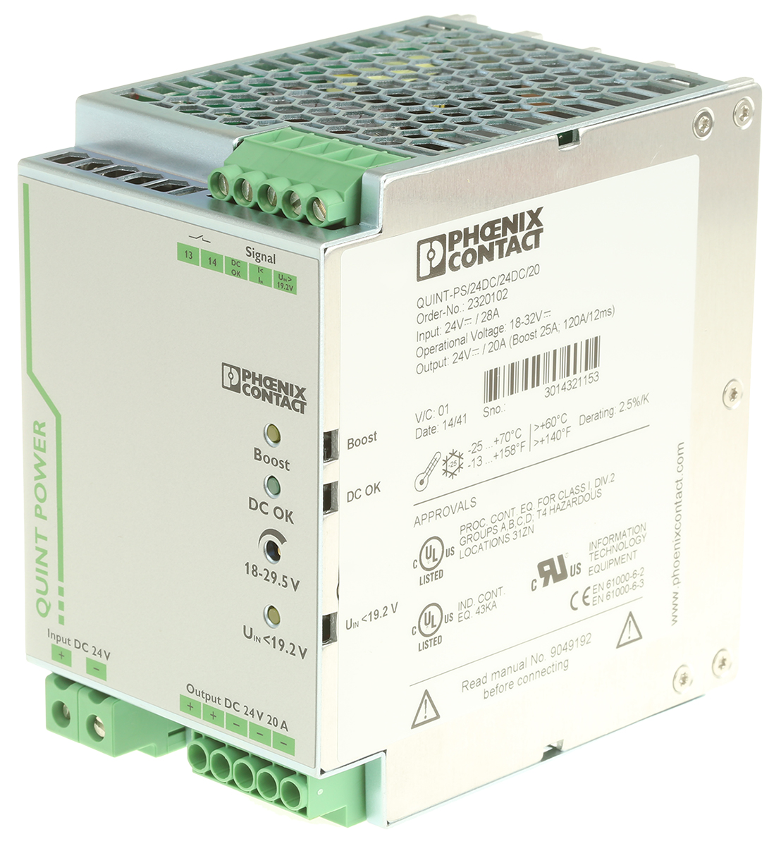 Phoenix Contact QUINT-PS/24DC/24DC/20 DC-DC Converter, 24V dc/ 20A Output, 18 → 32 V dc Input, 480W, DIN Rail