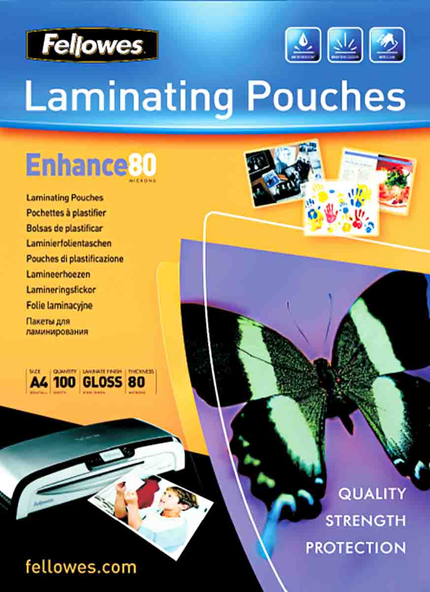 Fellowes A4 Glossy  Laminator Pouches 80micron Thickness, 100 Pack Quantity