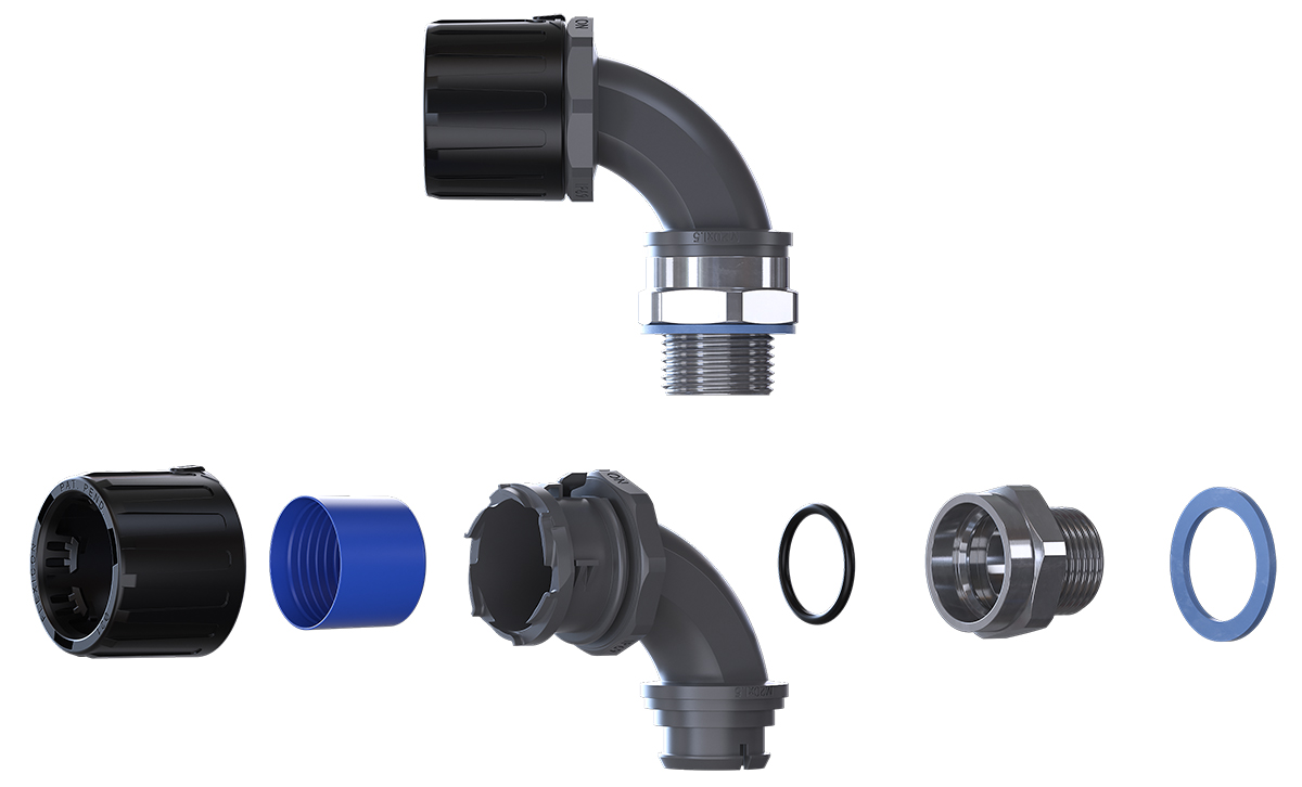 Flexicon 90° Elbow, Conduit Fitting, 16mm Nominal Size, M16, Nylon 66, Black, Grey IP66, IP67, IP68, IP69 rating