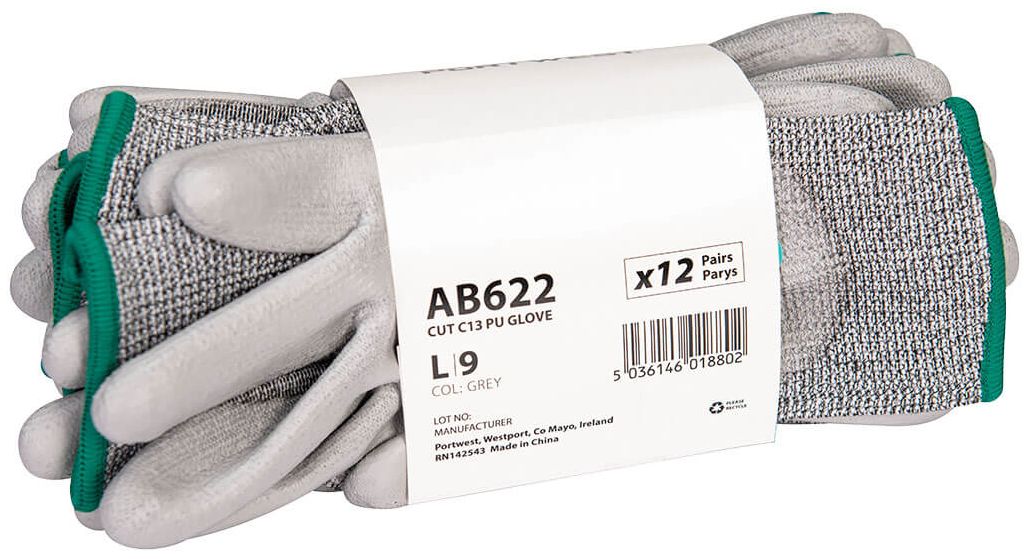 Portwest AB622 - Cut C13 PU Essential Multipack (Pk12) Grey Elastane, Fibreglass, High Performance Polyethylene,
